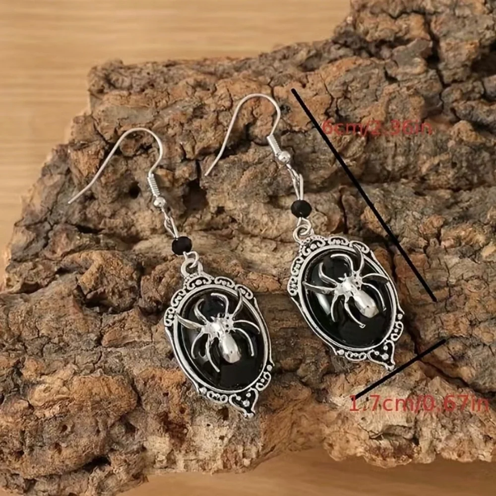 Gothic Retro Style Black Gemstone Spider Earrings Faux Fashion Jewelry‎